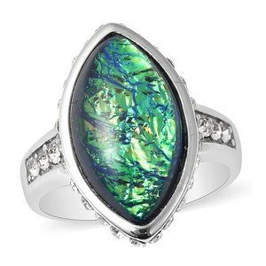 Magic Color Green Opal Resin and Austrian Crystal Elongated Ring  B443